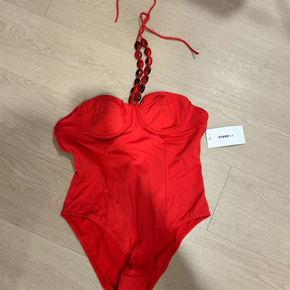 STAUD Red One Piece Swimsuit with Beaded Strap